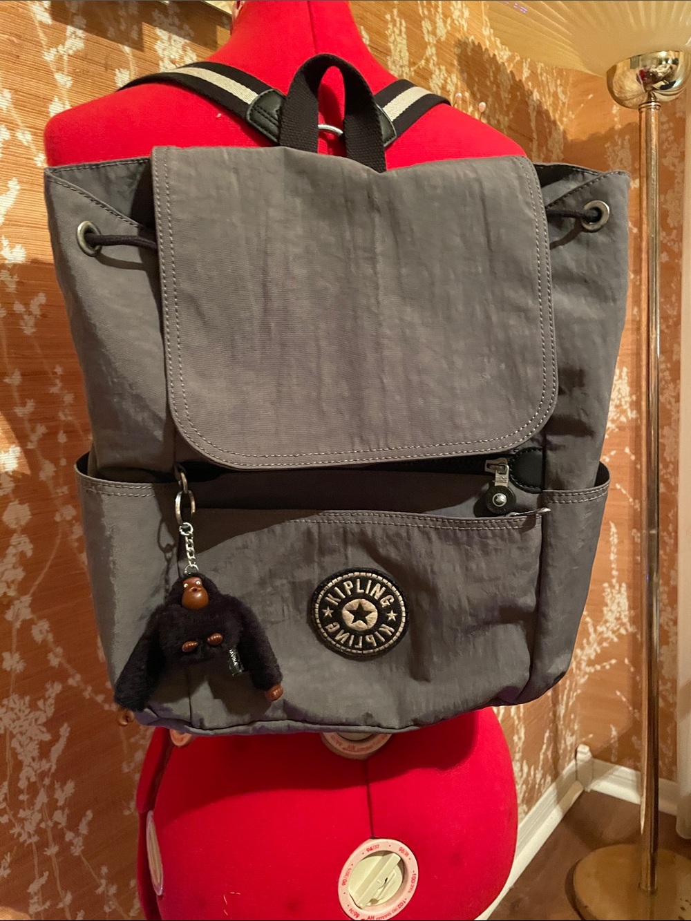 Kipling Slate Gray Nylon Flap Backpack with Monkey Charm